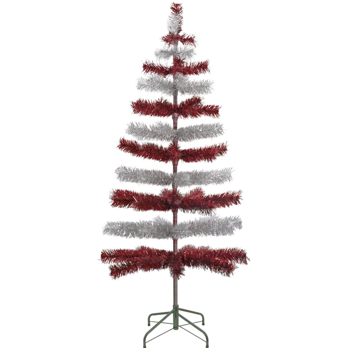 Red & Silver Layered Tinsel Christmas Trees! Decorate for the holidays with a Shiny Red and Metallic Silver retro-style Christmas Tree. On sale now at leedisplay.com