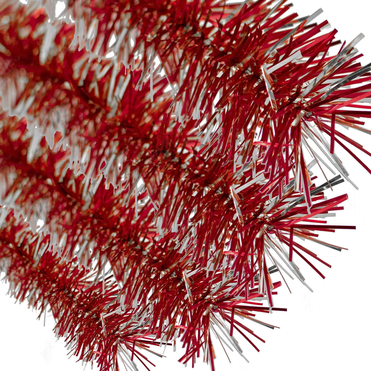 Lee Display's brand new 25ft Shiny Red and Metallic Silver Tinsel Garlands and Fringe Embellishments on sale at leedisplay.com