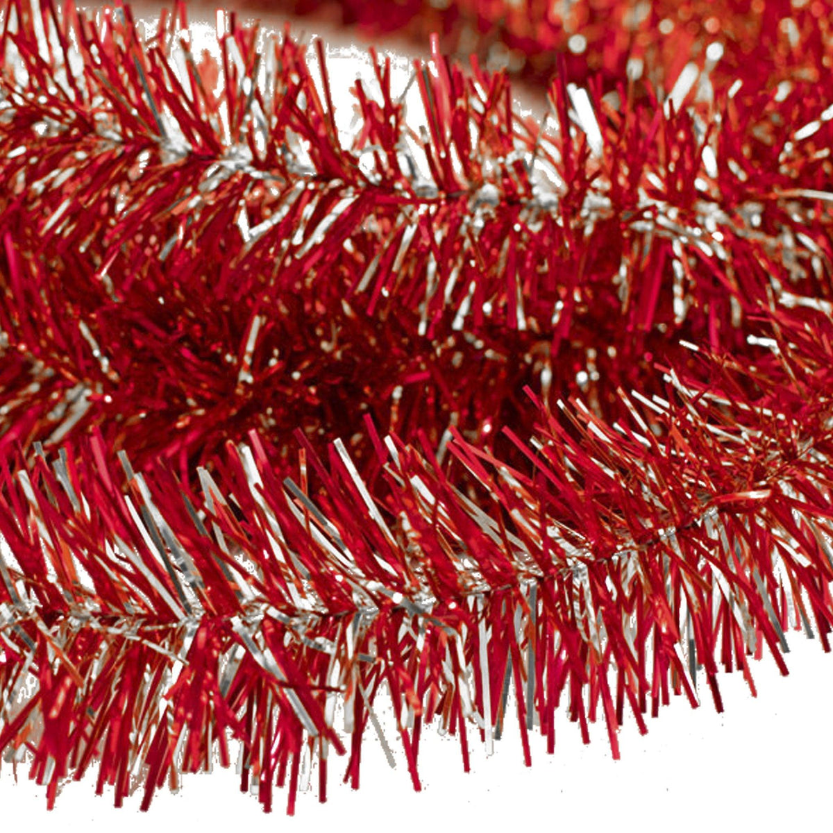 Lee Display's brand new 25ft Shiny Red and Metallic Silver Tinsel Garlands and Fringe Embellishments on sale at leedisplay.com
