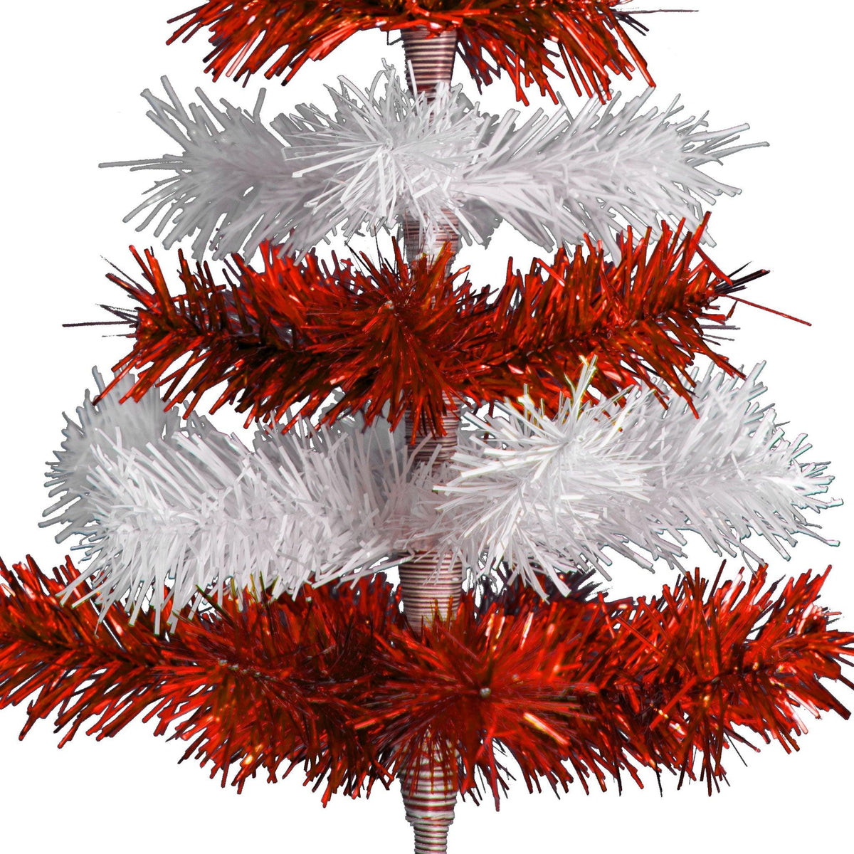 Red & White Layered Tinsel Christmas Trees!    Decorate for the holidays with a Shiny Red and Matte White retro-style Christmas Tree.  Incorporate a little white and blue into your holiday decorations this year.  Shop now at leedisplay.com