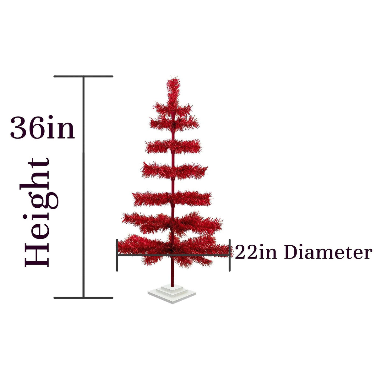 The dimensions of the 3FT tall Red Tinsel Tree sold by Lee Display