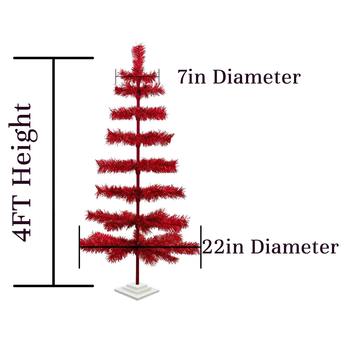 The dimensions of the 4FT tall Red Tinsel Tree sold by Lee Display