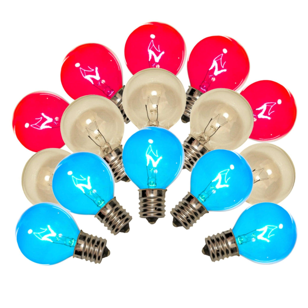 1 Box of 25 of brand new transparent Multi-Color Red, White, & Blue 4th of July G40 Globe Light Bulbs on sale at leedisplay.com