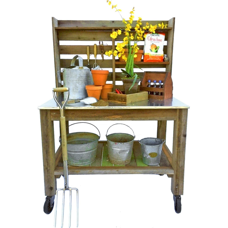 Lee Display's brand new outdoor Redwood Potting Table and Work Bench set up for all your gardening needs. On sale now at leedisplay.com
