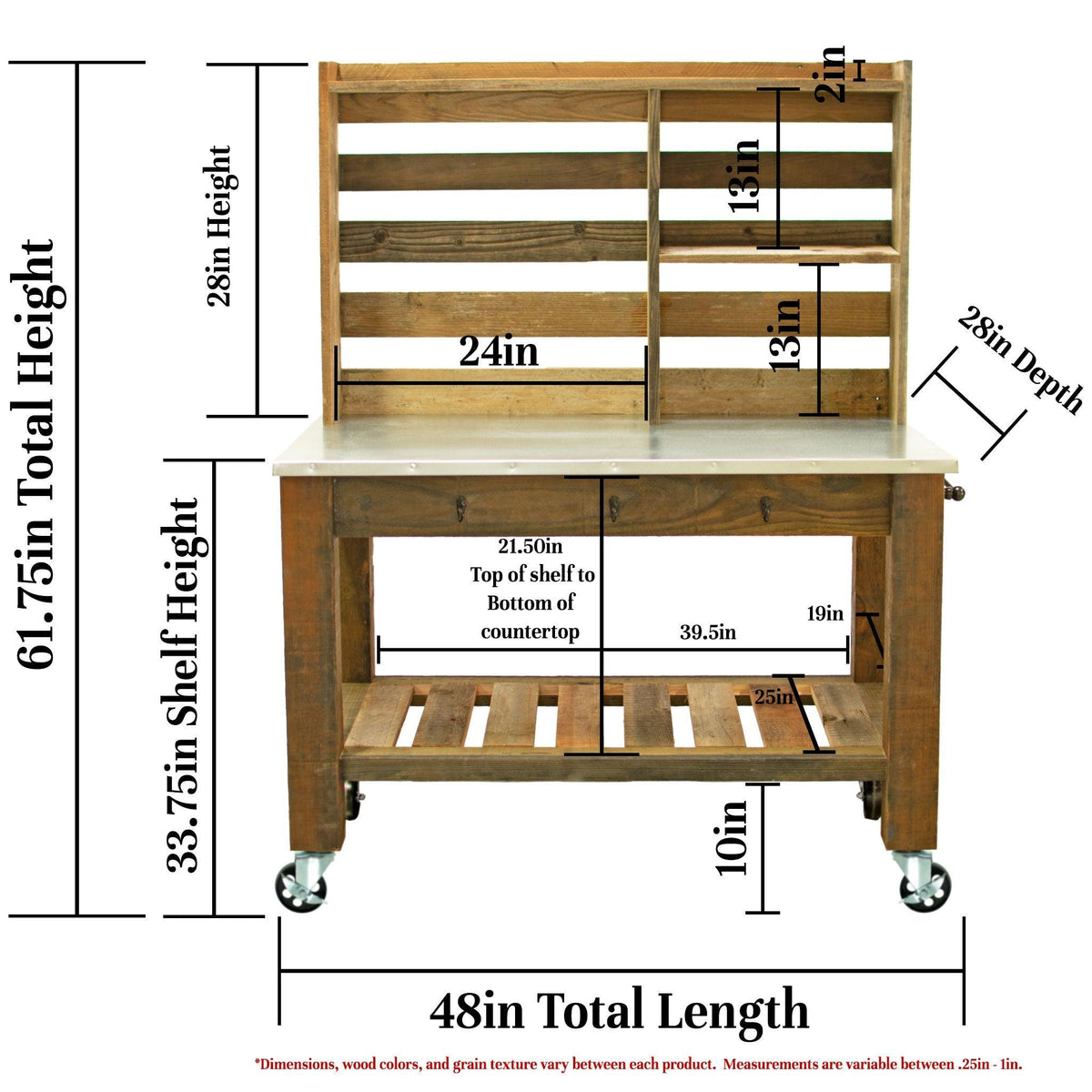 Dimensions and specs of Lee Display's Potting Table made with 5in Galvanized Steel Casters.