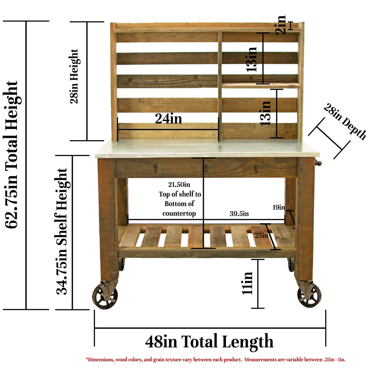 The dimensions and specs of Lee Display's Outdoor Redwood Potting Table.  On sale at leedisplay.com
