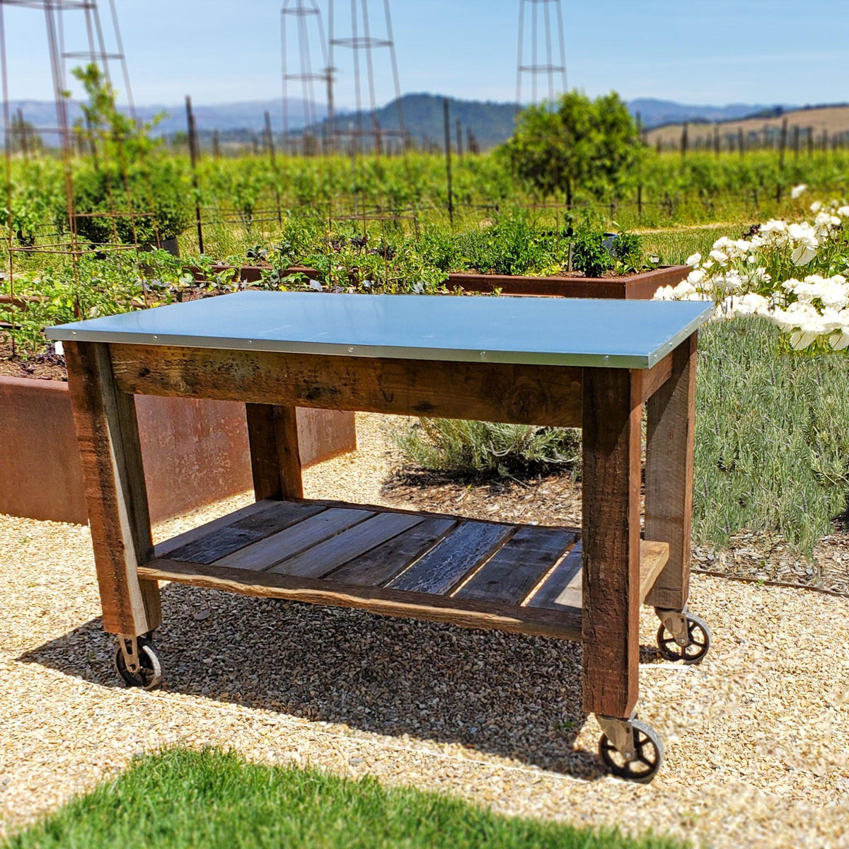 Lee Display's gorgeous Potting Table and Rolling Workbench is photographed in a garden in Napa California