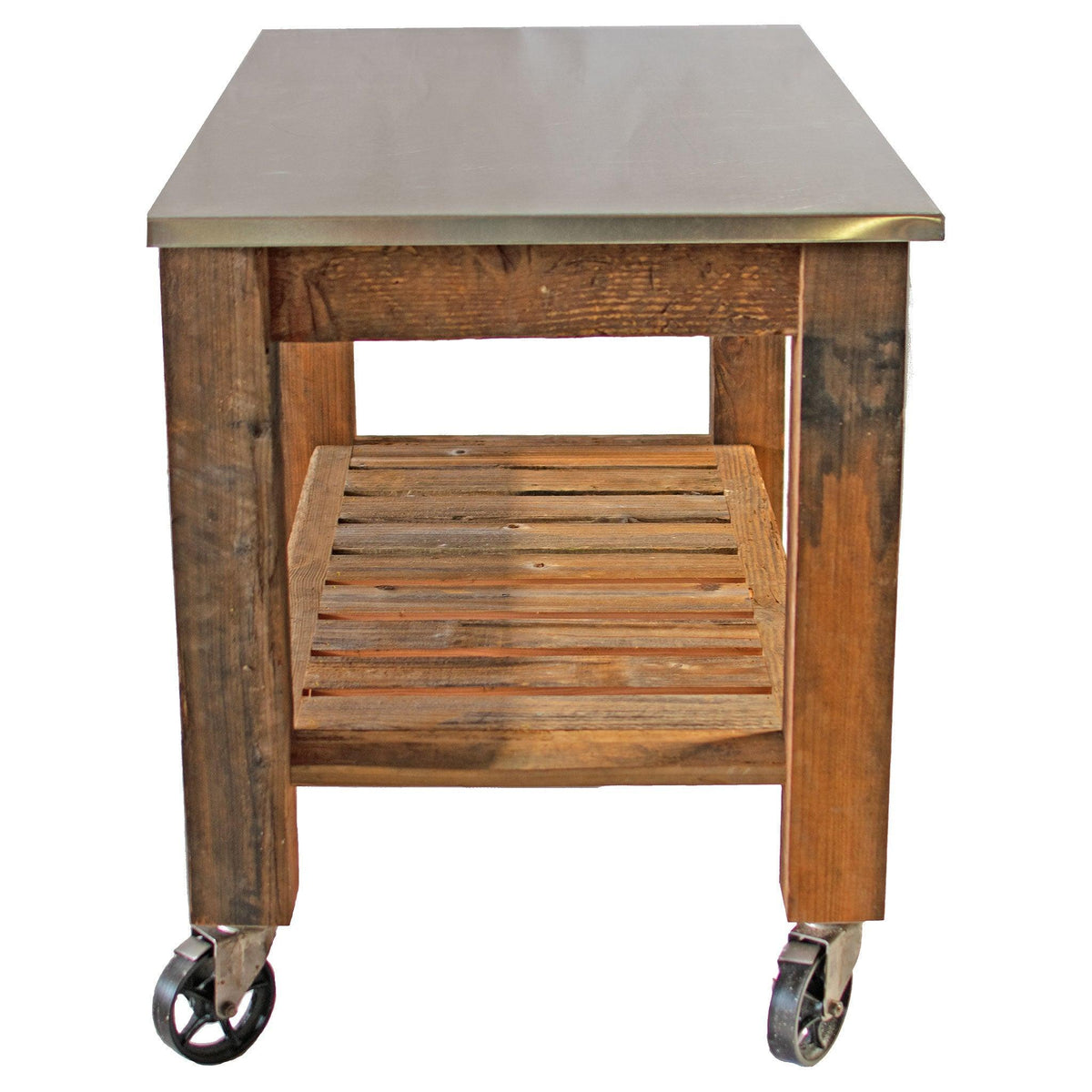 Side of Lee Display's Redwood Potting Table Rolling Cart with 6in Vintage Casters without Hardware Included on sale now at leedisplay.com