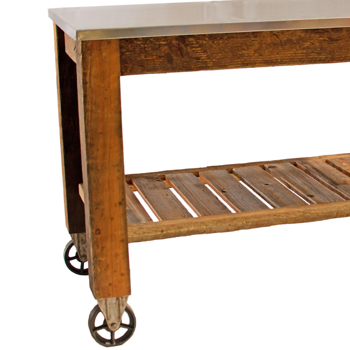 Corner photo of Lee Display's Redwood Potting Table Rolling Cart with 6in Vintage Casters without Hardware Included on sale now at leedisplay.com