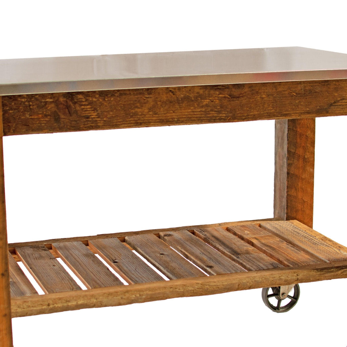 Close up of the countertop of Lee Display's Redwood Potting Table Rolling Cart with 6in Vintage Casters without Hardware Included on sale now at leedisplay.com