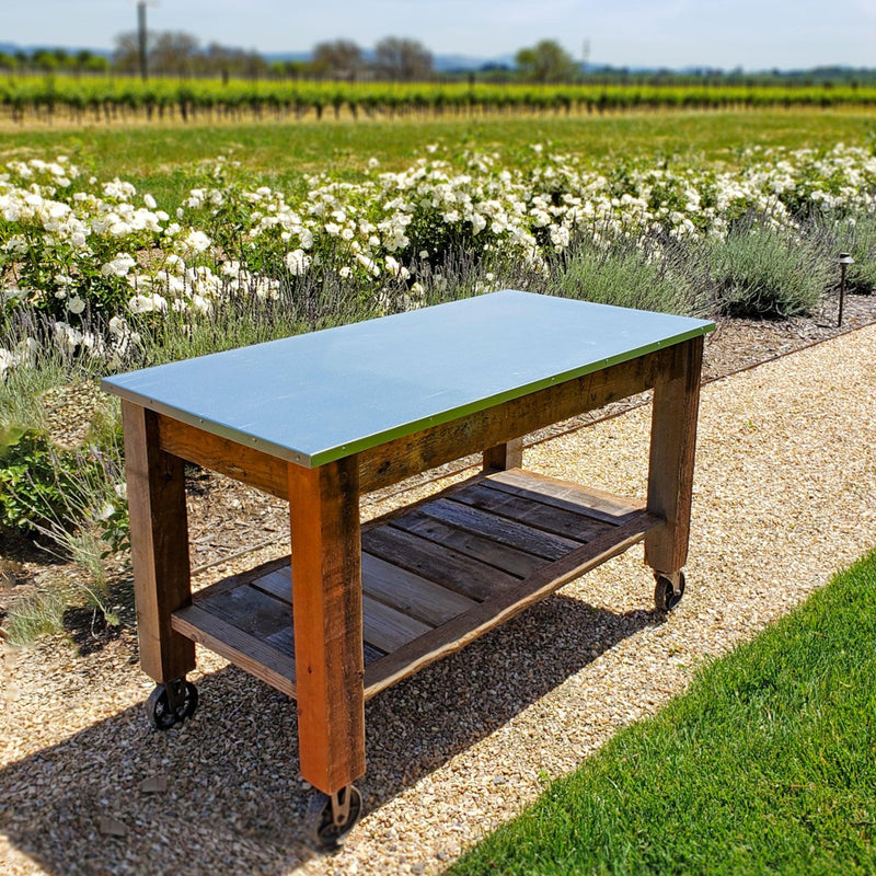 Lee Display's gorgeous Potting Table and Rolling Workbench is photographed in a garden in Napa California.  Sold at leedisplay.com
