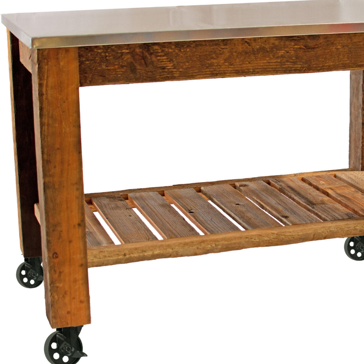 Corner photo of Lee Display's Redwood Potting Table Rolling Cart with 5in Black Casters without Hardware Included on sale now at leedisplay.com