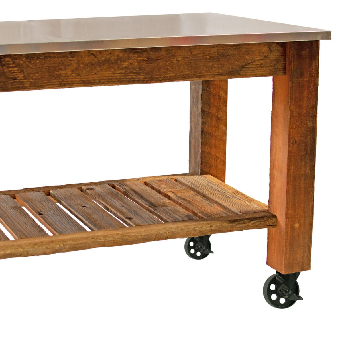Side photo of Lee Display's Redwood Potting Table Rolling Cart with 5in Black Casters without Hardware Included on sale now at leedisplay.com
