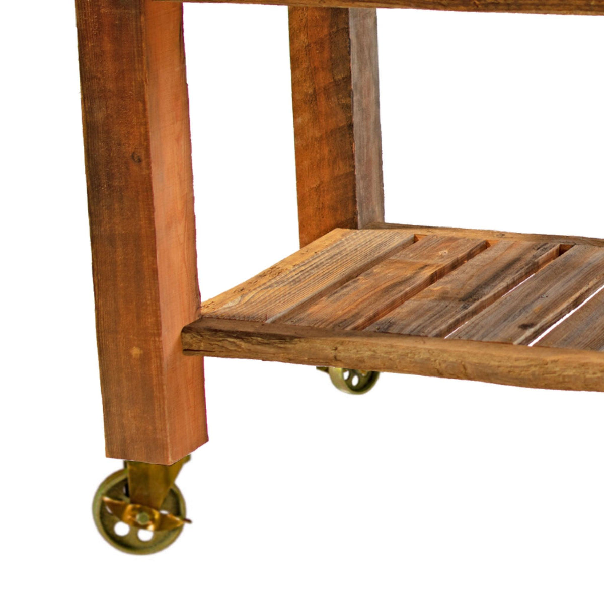Lee Display's Redwood Potting Table Rolling Cart with 5in Gold Swivel Metal Casters and Hardware on sale now at leedisplay.com