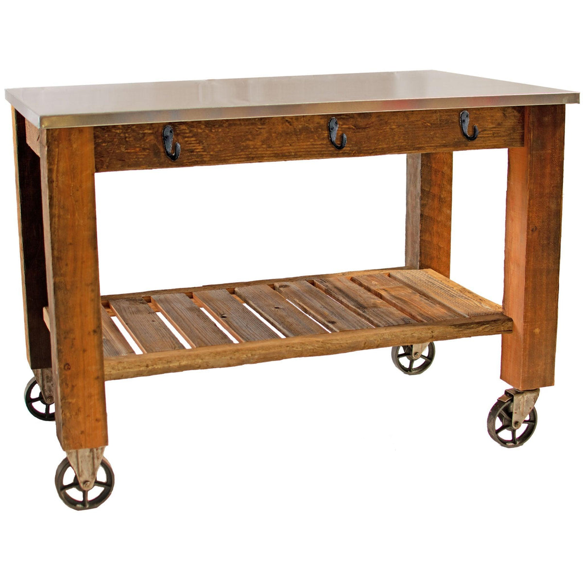 Lee Display's Redwood Potting Table Rolling Cart with 6in Vintage Casters and Hardware on sale now at leedisplay.com