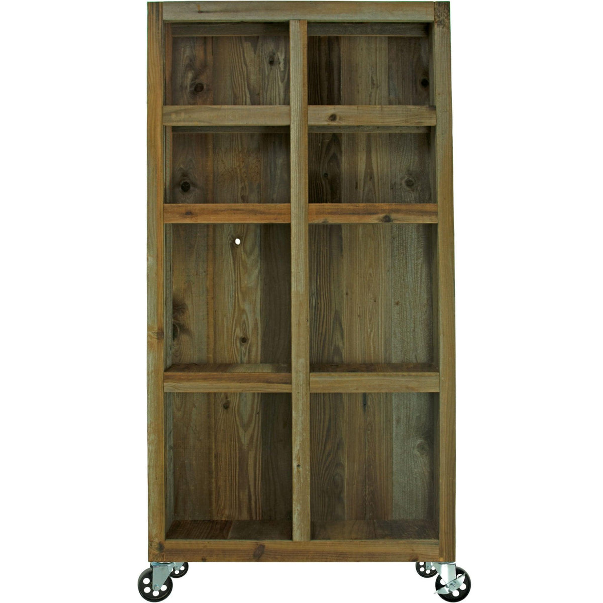 Front angle of Lee Display's brand new Outdoor Rolling Redwood Storage Cabinet with Wheels. Shelving Unit with 5in Galvanized Steel Casters on sale at leedisplay.com
