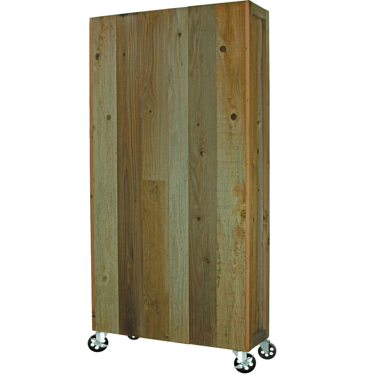 Back Side of Lee Display's brand new Outdoor Rolling Redwood Storage Cabinet with Wheels. Shelving Unit with 5in Galvanized Steel Casters on sale at leedisplay.com