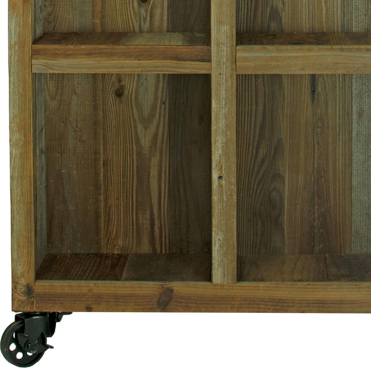 Bottom closeup photo of Lee Display's brand new Outdoor Rolling Redwood Storage Cabinet with Wheels.  Shelving Unit with 5in Black Casters on sale at leedisplay.com