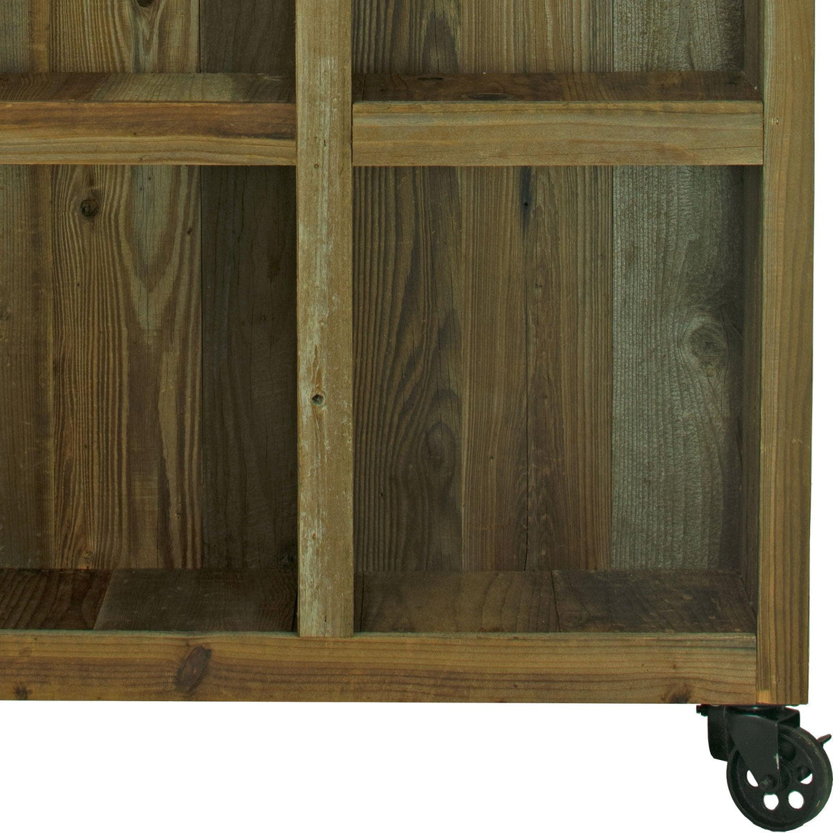 Bottom side closeup photo of Lee Display's brand new Outdoor Rolling Redwood Storage Cabinet with Wheels.  Shelving Unit with 5in Black Casters on sale at leedisplay.com