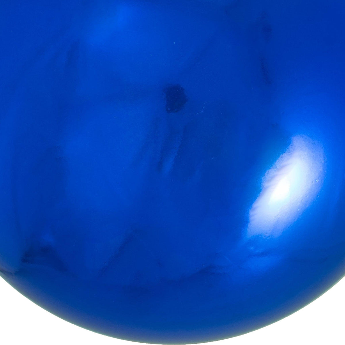 Upclose photo of the color and finish on the shiny blue 12in diameter ball ornaments.