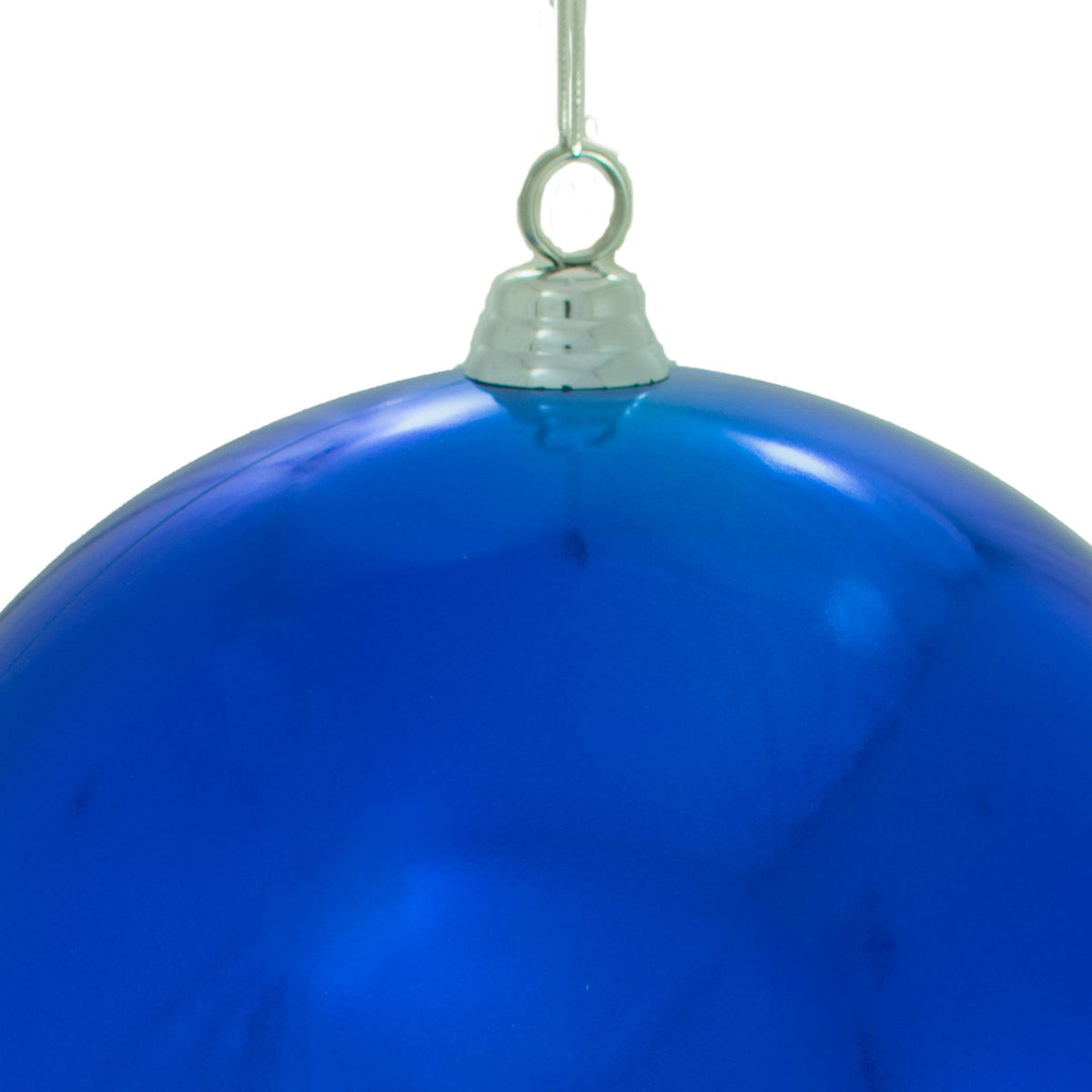 Top of the ball ornament with a silver cap and hanging string for the Shiny Blue 12in 280MM Diameter size