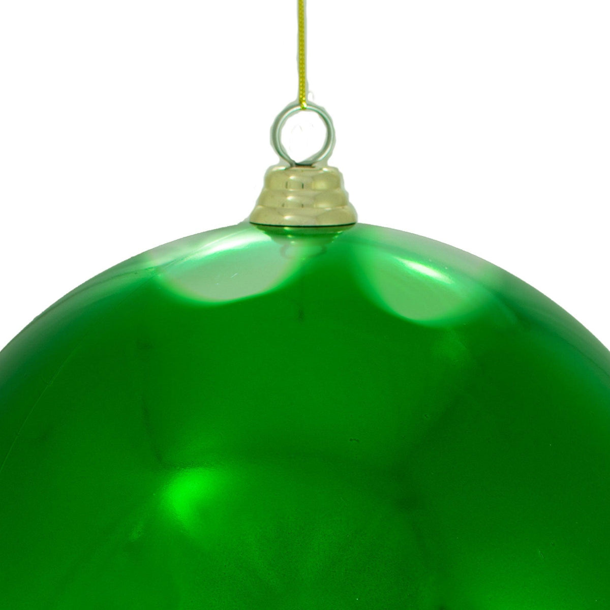 Top of the Shiny Green ball ornament with a gold cap and hanging string included