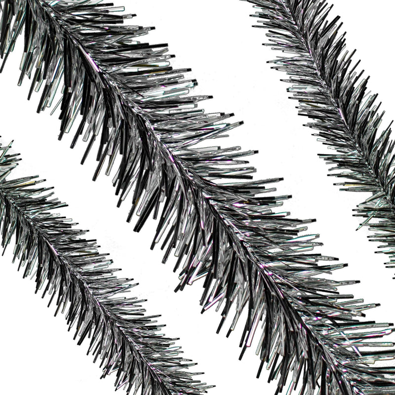 Lee Display's brand new 25ft Shiny Black and Metallic Silver Tinsel Garlands and Fringe Embellishments on sale at leedisplay.com
