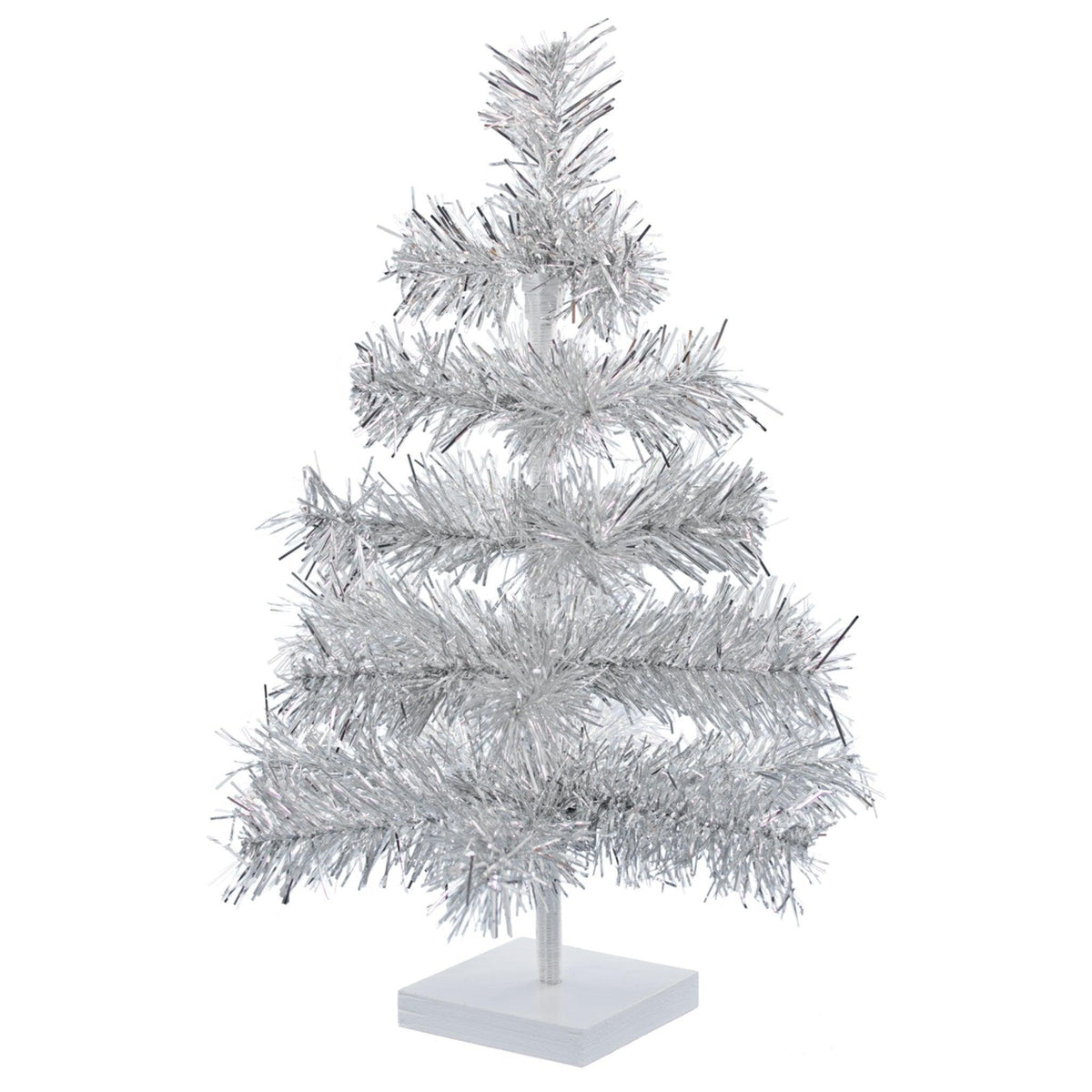Lee Display's Original Silver Tinsel Christmas Trees!    Decorate for the holidays w/ a retro-style Silver Christmas Tree.  Incorporate a little silver into your holiday decorations this year.    4 Sizes to Choose:  18in - 48in Heights Available.  18in Trees are perfect table-top display heights and 48in Trees make beautiful centerpieces.