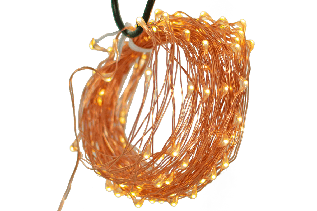 100 Light Copper Wire - connected on a thin Weatherproof & Waterproof wire  Extra Length:  Measures a total of 42FT of Lighting  6FT Lead Cord from Solar Panel to Copper Wiring  Copper Wire Measures 33FT long - 100 Bulbs spaced 4in apart  Super Bright LEDs - Energy Efficient Lighting  Bulb shelf life over 20,000 Hours of Ultra-Longlasting Warm Glowing Lights