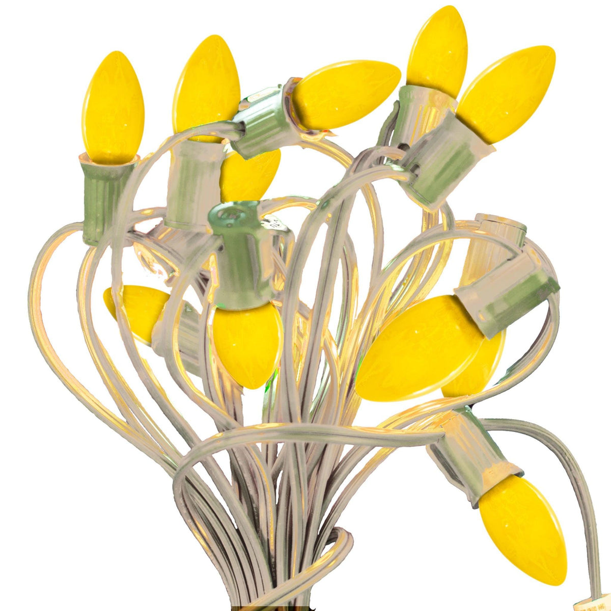 Solid Opaque Yellow Bulbs on a White Patio String Cord.  On sale by Lee Display in C7 and C9 bulb sizes with a 25ft cord.