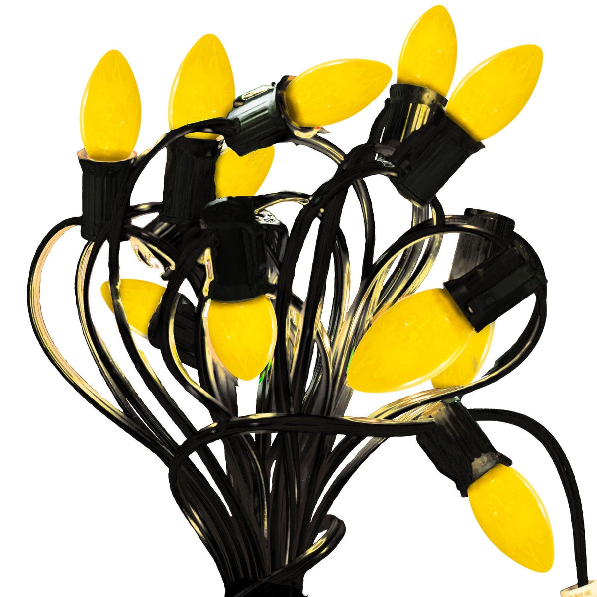 Solid Opaque Yellow Bulbs on a Black Patio String Cord.  On sale by Lee Display in C7 and C9 bulb sizes with a 25ft cord.