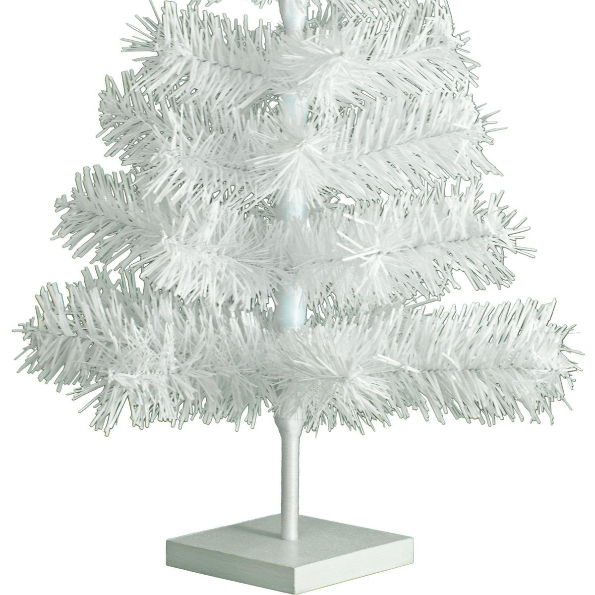 24in White Tinsel Trees come with a flat wooden stand painted in white.  Shop now at leedisplay.com