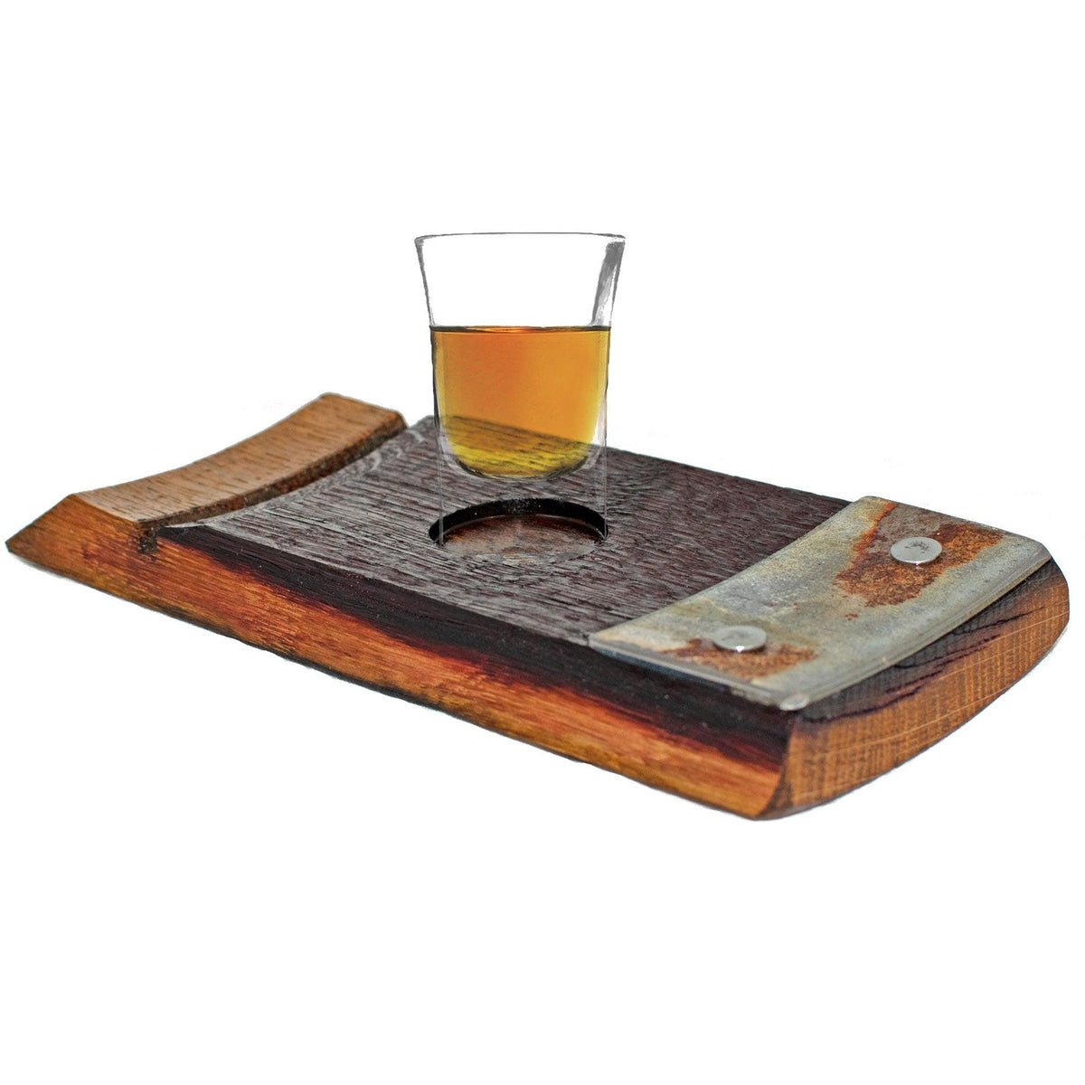 Lee Display's Wine Barrel Stave Single Shot Glass Holder with a glass of bourbon on it